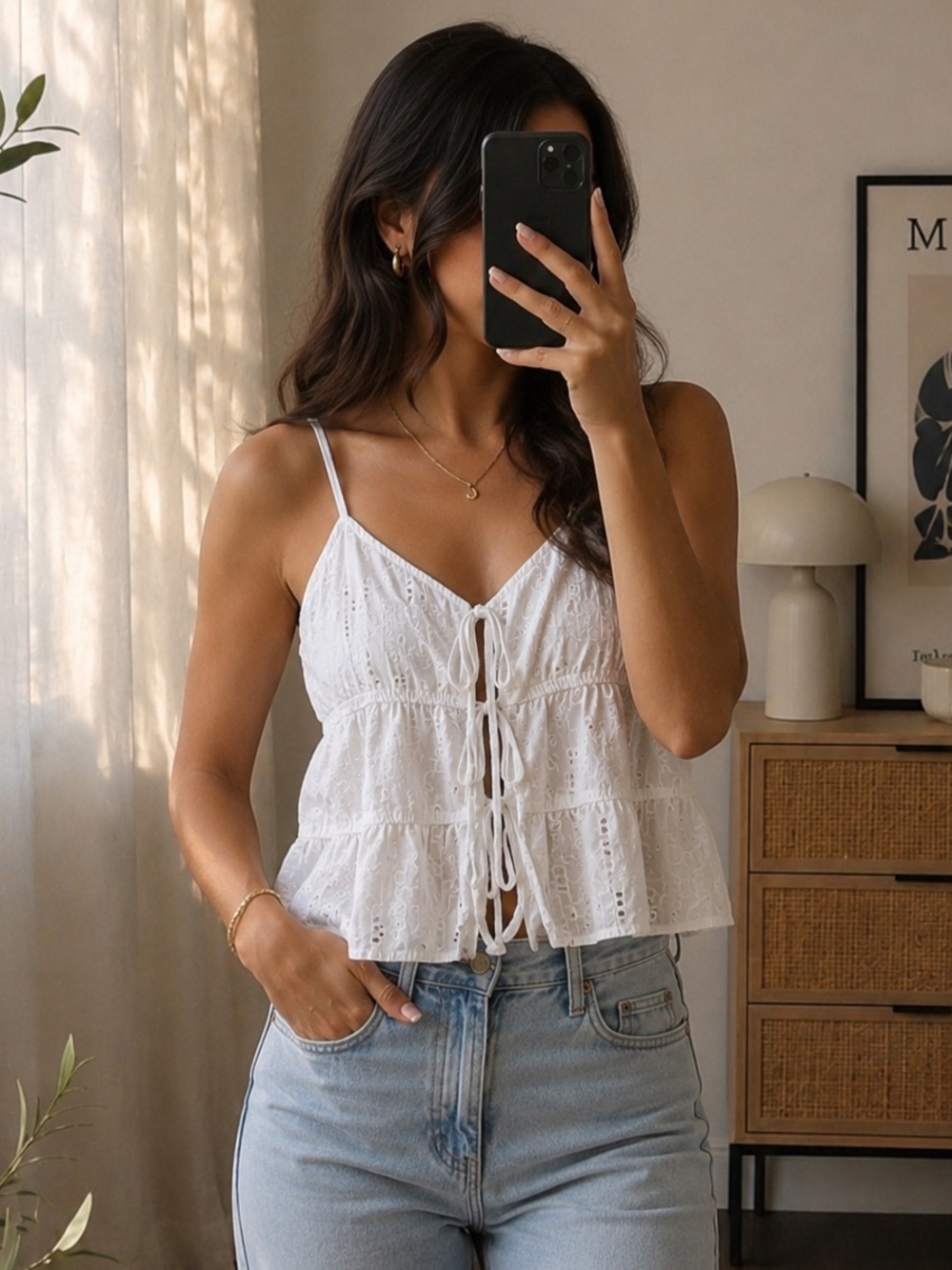 Kirious Los Angeles White Eyelet Tie Front Babydoll Tank Top M NWT
